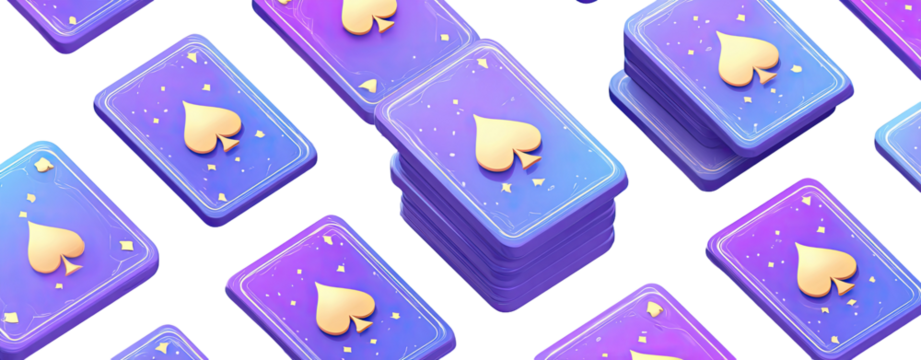 Playing cards in a vibrant gradient pattern.  Stacked cards in 3D isometric view