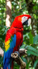 Vibrant red parrot perched on a branch in lush green foliage