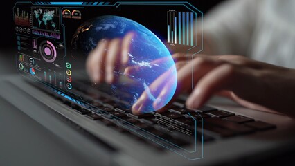 High-tech global network connection interface showing worldwide digital communication, data exchange, and internet connectivity. Global connection, data interaction, and worldwide communication. Thunk