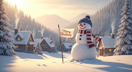 Obraz premium Snowman in winter town greeting Merry Christmas banner. Festive holiday landscape with falling snow for xmas celebration.
