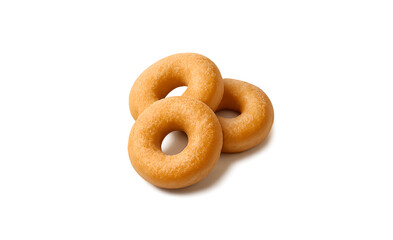 Three golden brown mini donuts with a light sugar dusting stacked together perfect for a sweet treat or bakery advertisement isolated on transparent background