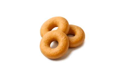 Three golden brown mini donuts with a light sugar dusting stacked together perfect for a sweet treat or bakery advertisement isolated on transparent background