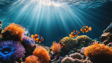 A vibrant coral reef teeming with orange clownfish and bright blue starfish