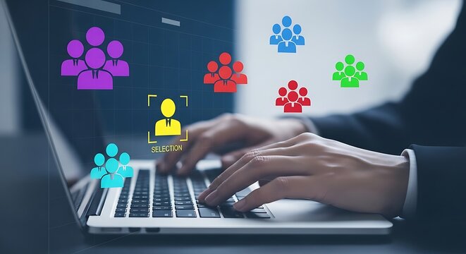 Business professional using a laptop with colorful digital human icons representing team members and recruitment showcasing collaboration and talent management concepts