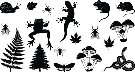 Vector Silhouette Illustration of Forest Creatures, Insects, Mushrooms, and Leaves Including Frogs, Snails, and Trees on White Background