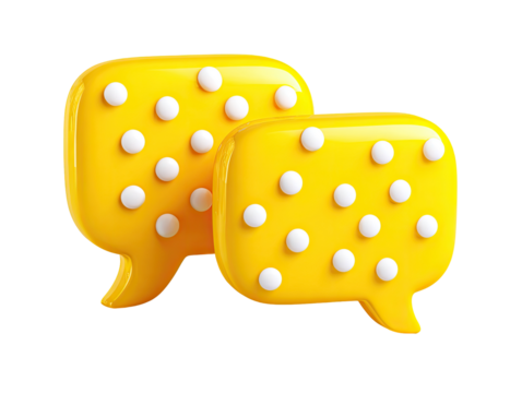 Two overlapping, glossy, yellow speech bubbles with white polka dots