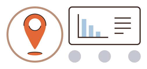Bright location pin beside a data-driven dashboard showcasing a bar chart and text elements. Ideal for marketing, navigation, data analysis, reporting, statistics, strategy, modern infographic. Clean