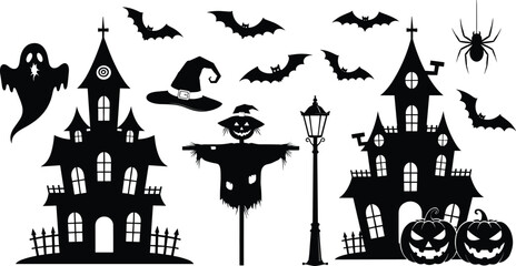 Vector Silhouette Illustration of Halloween Icons Including Haunted Houses, Ghosts, Jack-o'-Lanterns, Scarecrow, and Spider on White Background