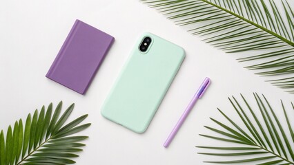 Stylish flat lay of a mint green smartphone case purple notebook and a lilac pen surrounded by lush green palm leaves on a white background