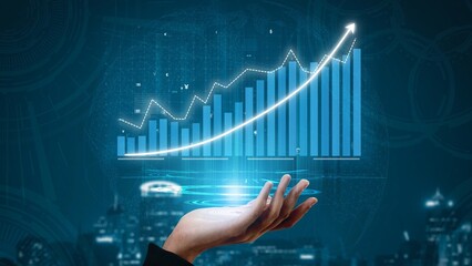 A conceptual image showing a hand supporting a rising graph, symbolizing financial growth and success in business, perfect for financial and investment themes. Copula