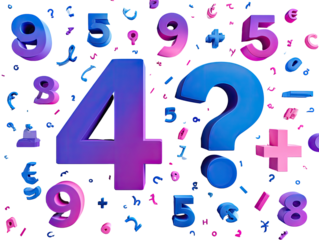 A vibrant, colorful graphic design featuring various numbers and symbols in 3D