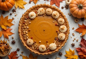 Fototapeta premium Pumpkin pie with pumpkin puree decor, surrounded by fall leaves, spices and nuts, sharp, professional look