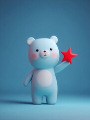 Naklejka premium Cheerful Bear and Star: A cute, cartoonish bear with a blue fur and a cheerful expression, holding a bright red star, set against a smooth blue backdrop, creating a scene of charm and friendliness.
