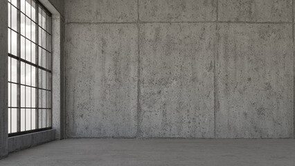 Empty, loft industrial grunge interior. Concrete walls and big windows. Interior concept background . 3d Render	
