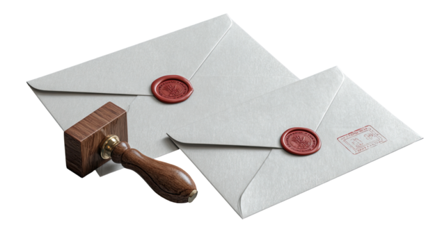 Stacked envelopes with wax seals and stamp