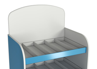 Top rounded part of cardboard retail display rack mockup with shelves and dividers. 3d illustration isolated on white