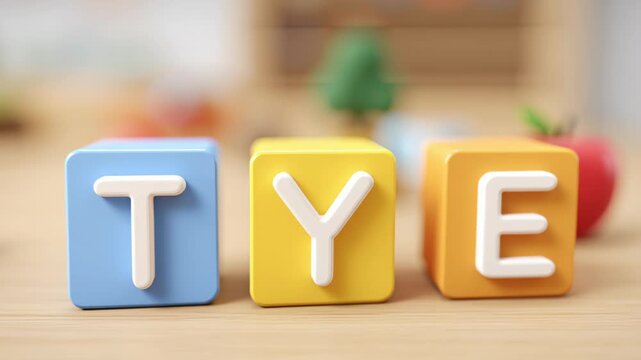 Colorful Toy Blocks Spelling TYE with Bright Background and Playful Fruit Shapes for Early Childhood Learning