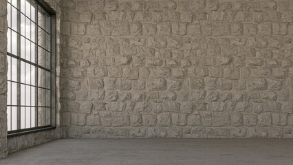 Empty interior. Old stone walls and big windows. Interior concept background . 3d Render