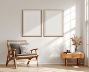 Light-filled room with wooden chair and frames