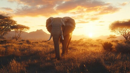An African elephant walking gracefully through an open savanna
