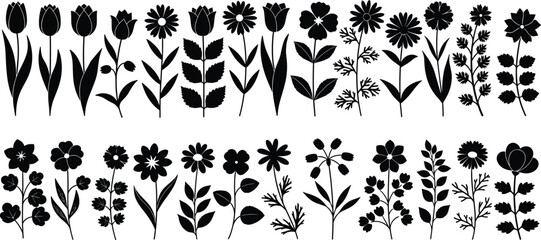 Vector Silhouette Illustration of Twelve Distinct Flowers with Varied Petal and Leaf Designs on White Background for Botanical and Design Use
