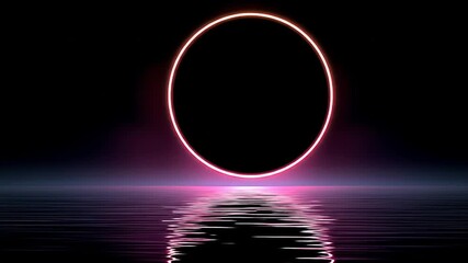 A large, glowing, pink circle hovers above a reflective water surface. - Powered by Adobe