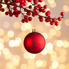 Christmas bauble hanging on branch with berries
