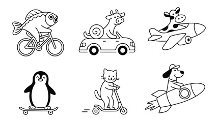 Obraz premium Cute animals on vehicles: whimsical black and white line art illustrations; perfect for children's books, cards, and playful branding.