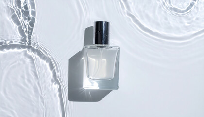 Clear glass perfume bottle on rippled water