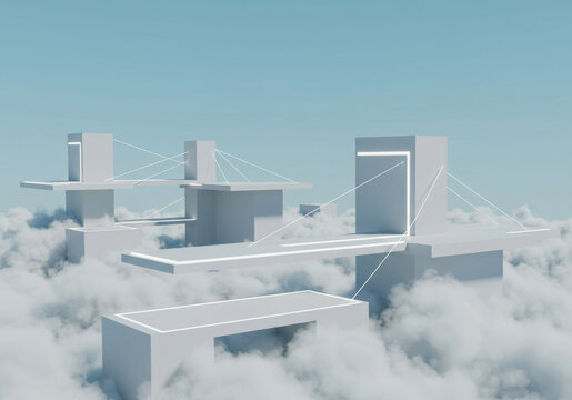 Floating geometric structure above clouds creates a surreal digital landscape at dawn Generative AI