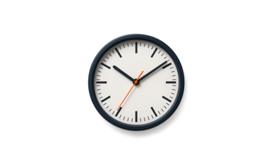 A classic round wall clock with a black frame and white face displaying black hour markers and hands isolated on transparent background