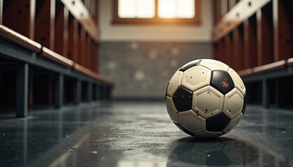 Soccer ball rolling on floor in locker room interior at sunset  