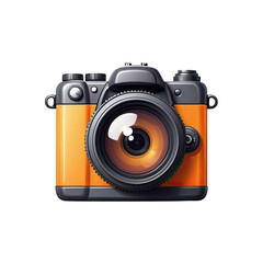 Camera with orange body and large lens captures images, designed for photography enthusiasts seeking vibrant equipment during outdoor excursions