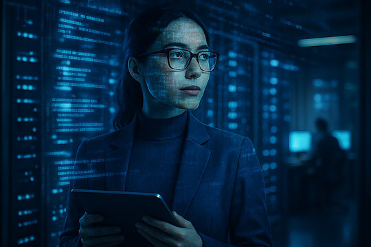A serious female professional in glasses holding a digital tablet, surrounded by glowing data and binary code in a server room