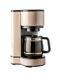 Modern beige and black automatic drip coffee maker with glass carafe for home kitchen transparent background
