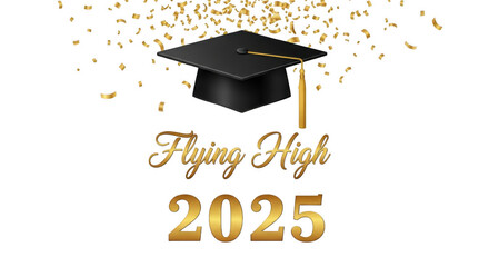 Graduation celebration with a celebratory cap, golden script and confetti shower