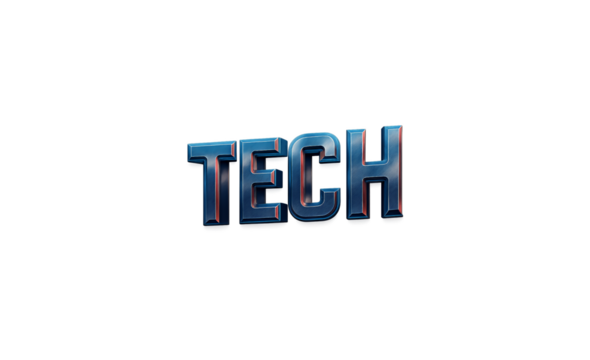 Futuristic 3d metallic word tech with glowing blue accents and a digital glitch effect isolated on transparent background