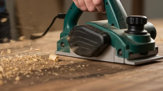 Electric Wood Planer Smoothing a Wooden Surface with Flying Wood Shavings