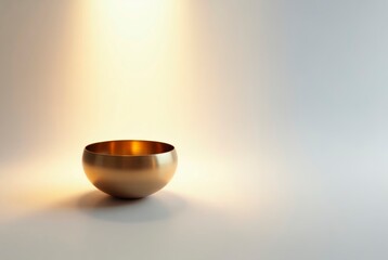 Small Tibetan bronze bowl in a bright, Zen-like setting with copy space.