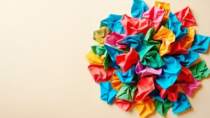 Crumpled papers of many colors forming a round ball with copy space.