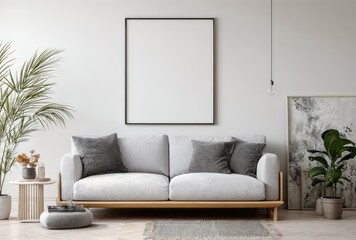 Minimalist living room with blank art display