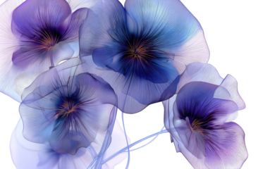 Delicate, translucent pansies in shades of violet and blue