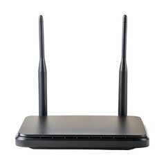 Modern black wireless router with dual antennas for enhanced network connectivity transparent background