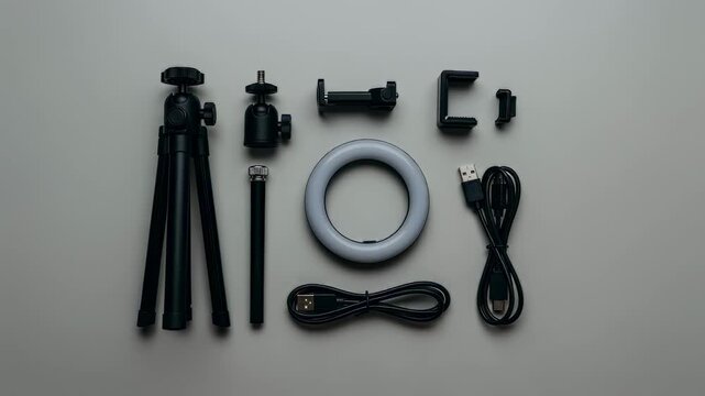Flat lay of unassembled portable LED ringlight parts including tripod phone clamp and power cable ready for quick influencer setup anywhere.