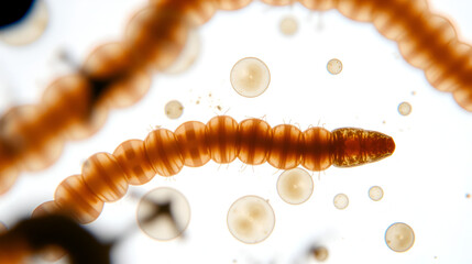 Fototapeta premium Whole mount of Taenia solium eggs under microscope on white background with 400 times magnification. Macro view of pork tapeworm on scientific slide for education. Parasites in nature. Pests concept