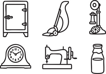 1920s Household Objects Line Icon Set: 6 Black and White Vector Icons of Everyday Vintage Items, Including Icebox, Rotary Telephone, and Sewing Machine.