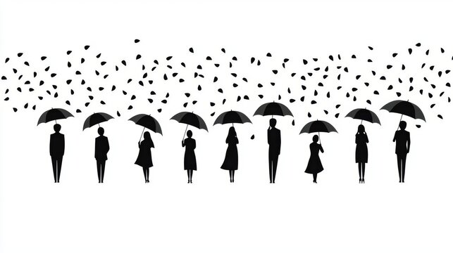 Silhouette of people holding umbrellas amidst falling raindrops, symbolizing unity and resilience in adverse weather.