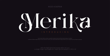 Merika Luxury font alphabet and sm logo. Typography beautiful fashion elegant classic letters serif italic fonts decorative wedding vintage blossom logos. vector illustration
