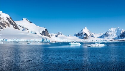 snowy mountain landscape with icy blue water and floating icebergs under a clear sky