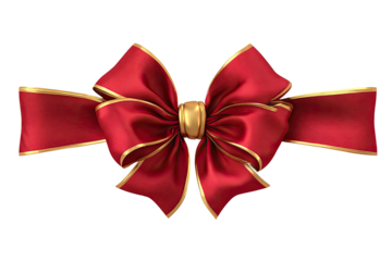 A vibrant red ribbon bow with a gold border